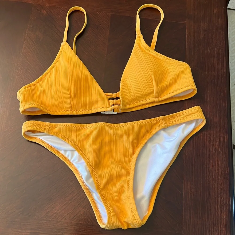 Marigold Yellow Ribbed Triangle Bikini Set Center Ladder Detail Cheeky Small - Picture 2 of 14